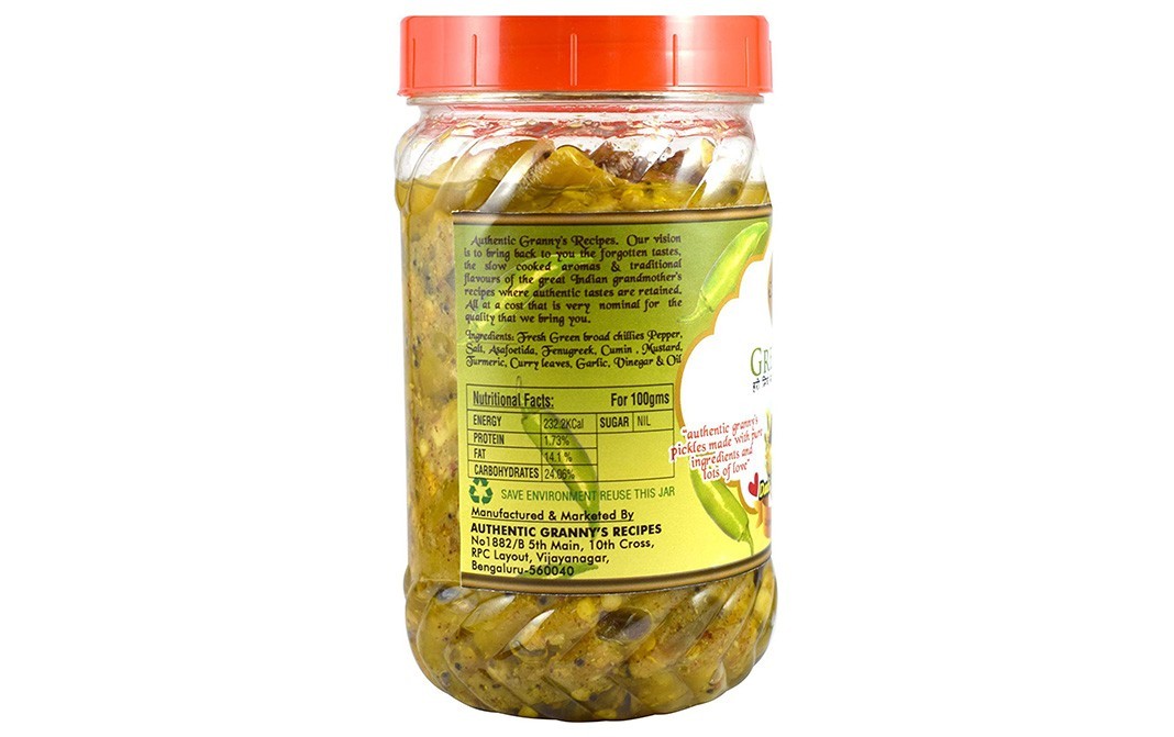 Authentic Granny's Recipes Spicy Green Chilli Pickles (Made with Sesame Oil)   Jar  500 grams